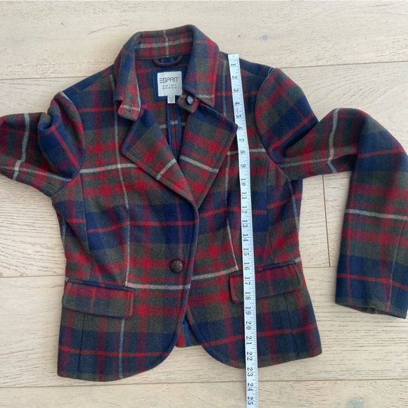 ESPRIT Tartan Wool Blend Tailored Blazer Jacket Size 10 Red Blue Preppy EUC - Picture 8 of 8